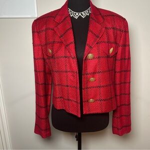 Vintage Ann May Red Plaid Cropped Jacket Gold Buttons | 90s Preppy